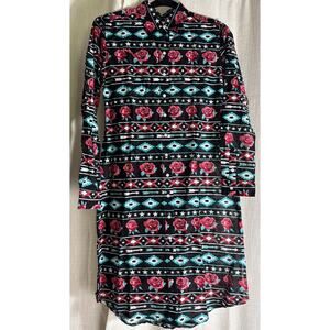 Tin Haul Womens Dress Aztec Collared LS Button Up Shift Midi Size S Roses NWT